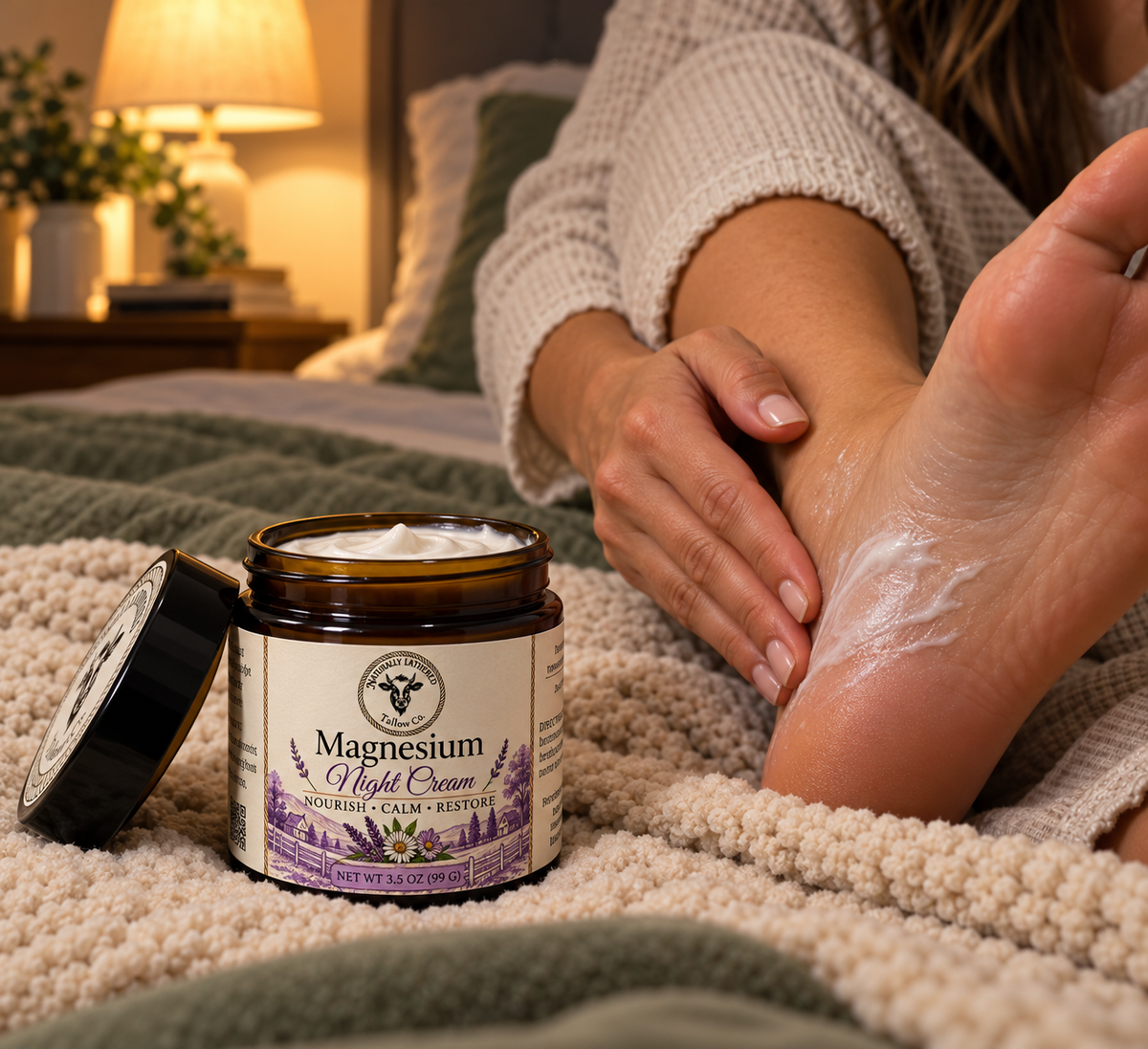 Woman applying Magnesium Night Cream to the sole of her foot before bedtime