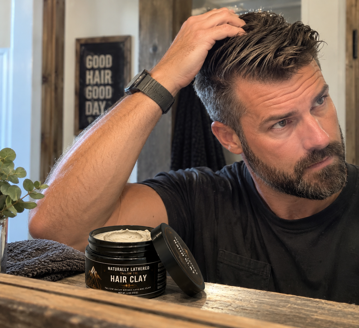 Man styling his hair with Naturally Lathered Tallow Hair Clay for a natural matte finish
