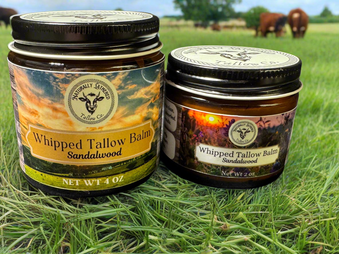Two jars of Whipped Tallow Balm with Sandalwood scent, set in a field with horses in the background. One larger jar and one smaller jar.