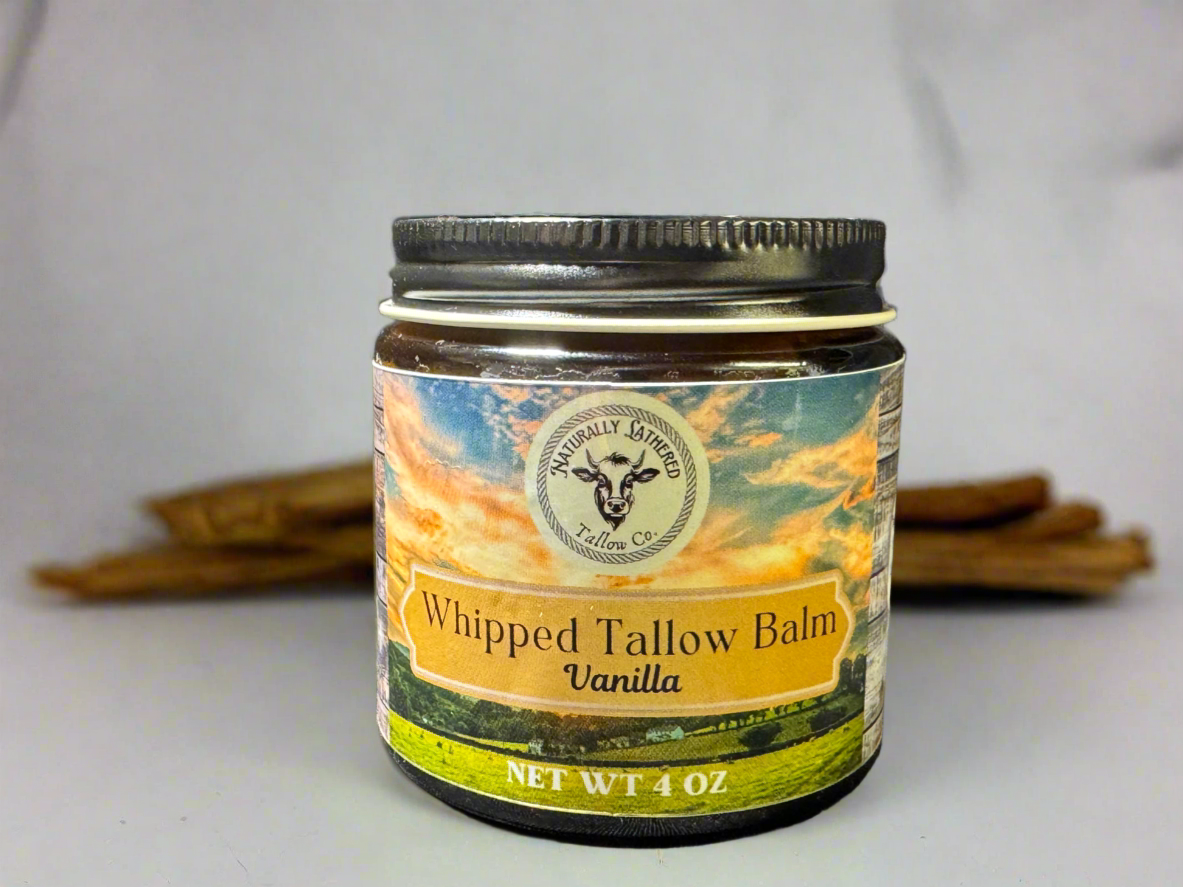 Jar of Whipped Tallow Balm with a label on a white background