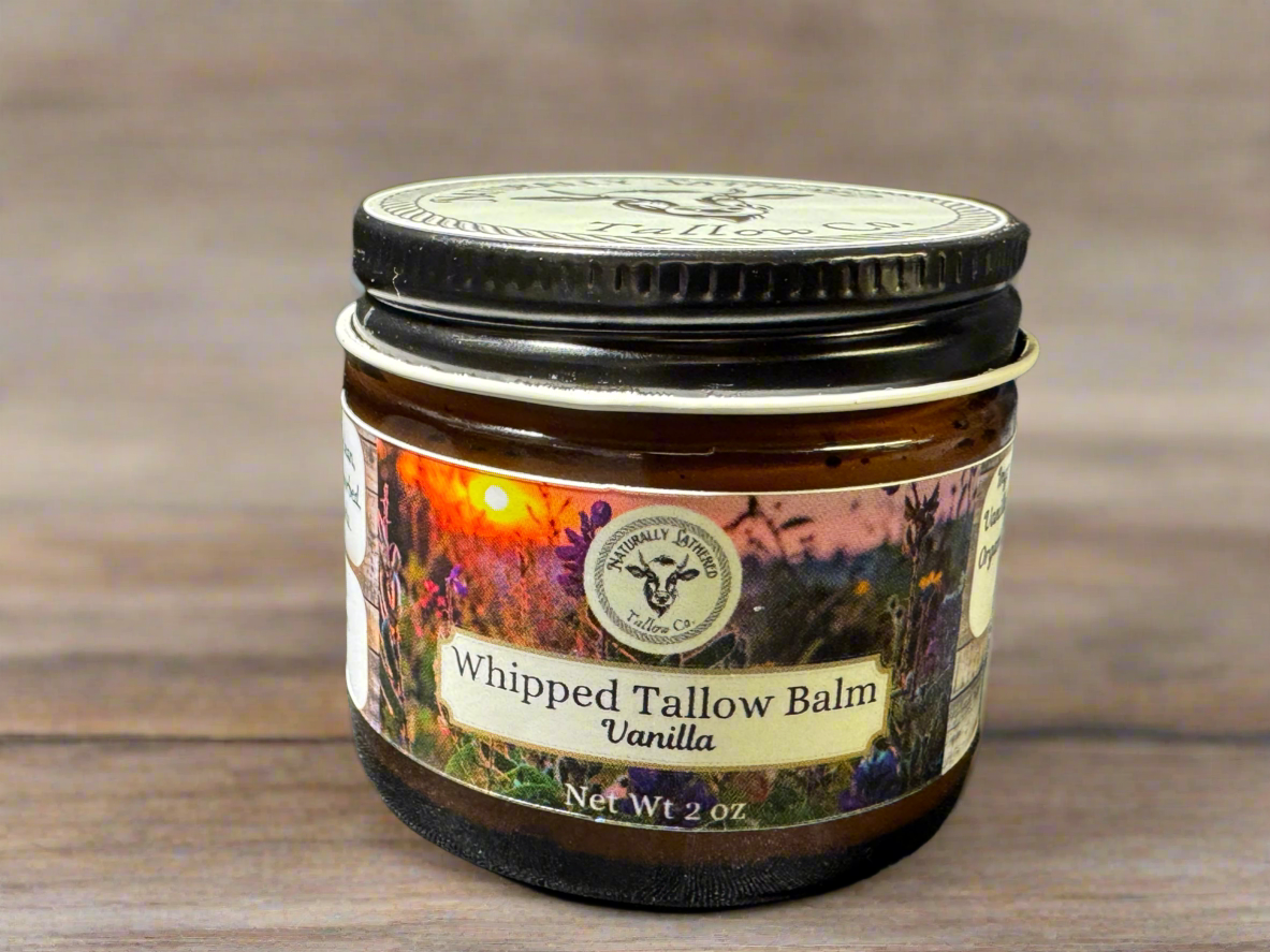 Jar of Whipped Tallow Balm Vanilla on a wooden surface