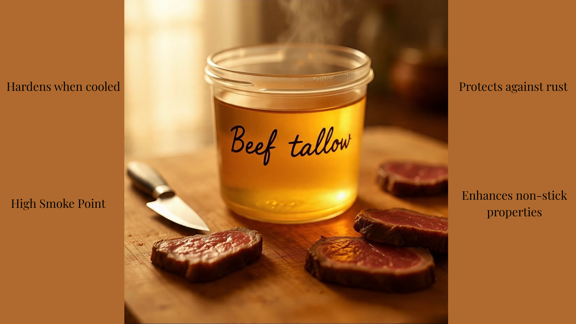 Jar of beef tallow with text on its properties on a wooden surface.
