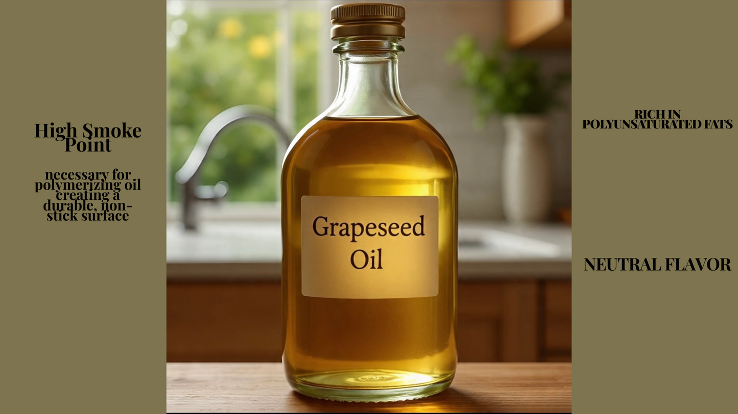 Bottle of grapeseed oil with text about its properties on a kitchen counter.