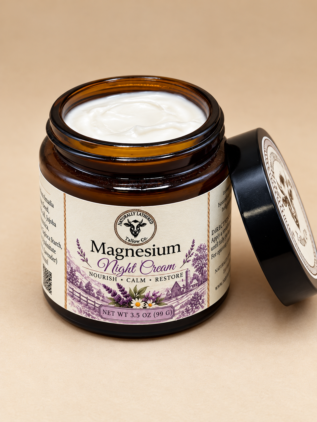 Creamy texture of tallow-based Magnesium Night Cream in open amber jar