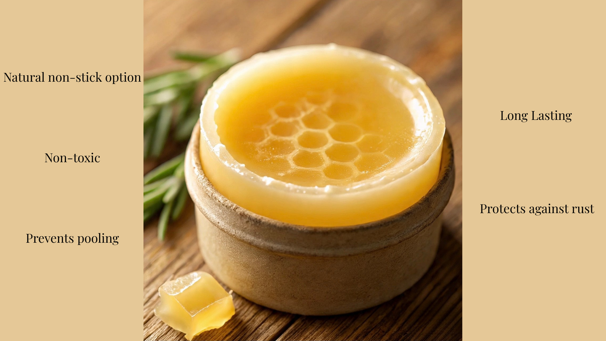 Bee propolis product in a container with honeycomb design on a wooden background