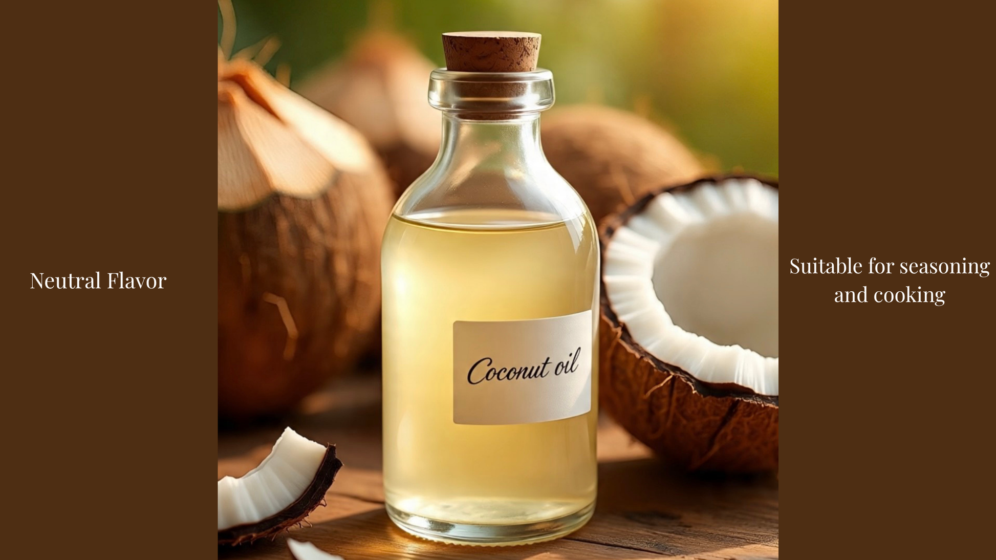 Bottle of coconut oil with coconuts on a wooden surface
