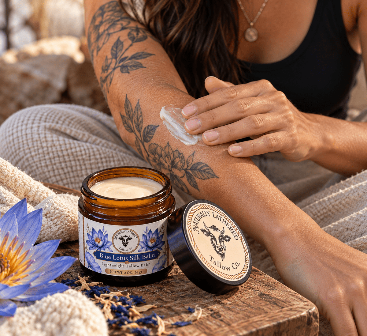Blue Lotus Silk Balm | Lightweight Tallow Face & Body Balm - Naturally Lathered Tallow Co.