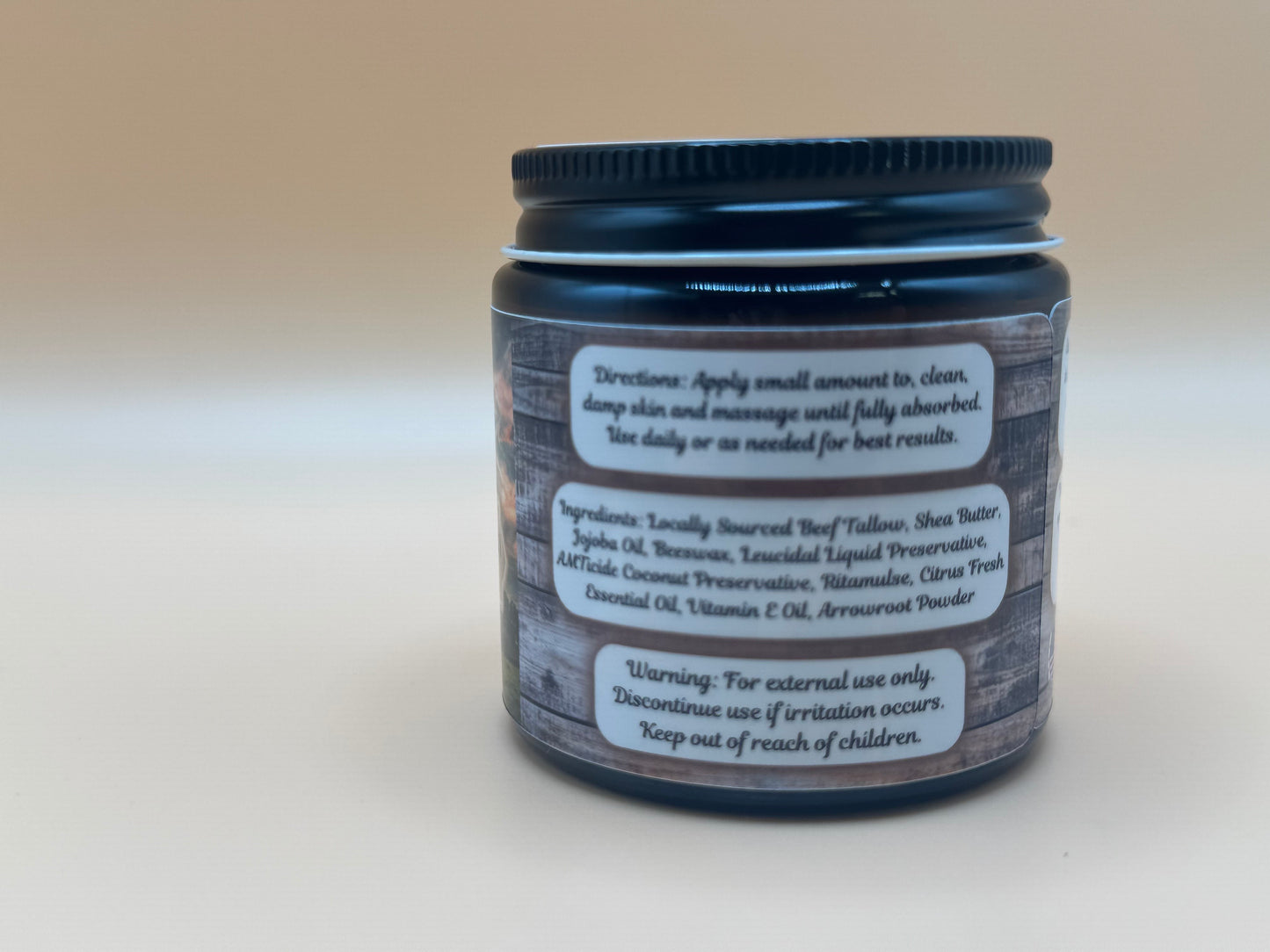 Jar with a label on a beige background