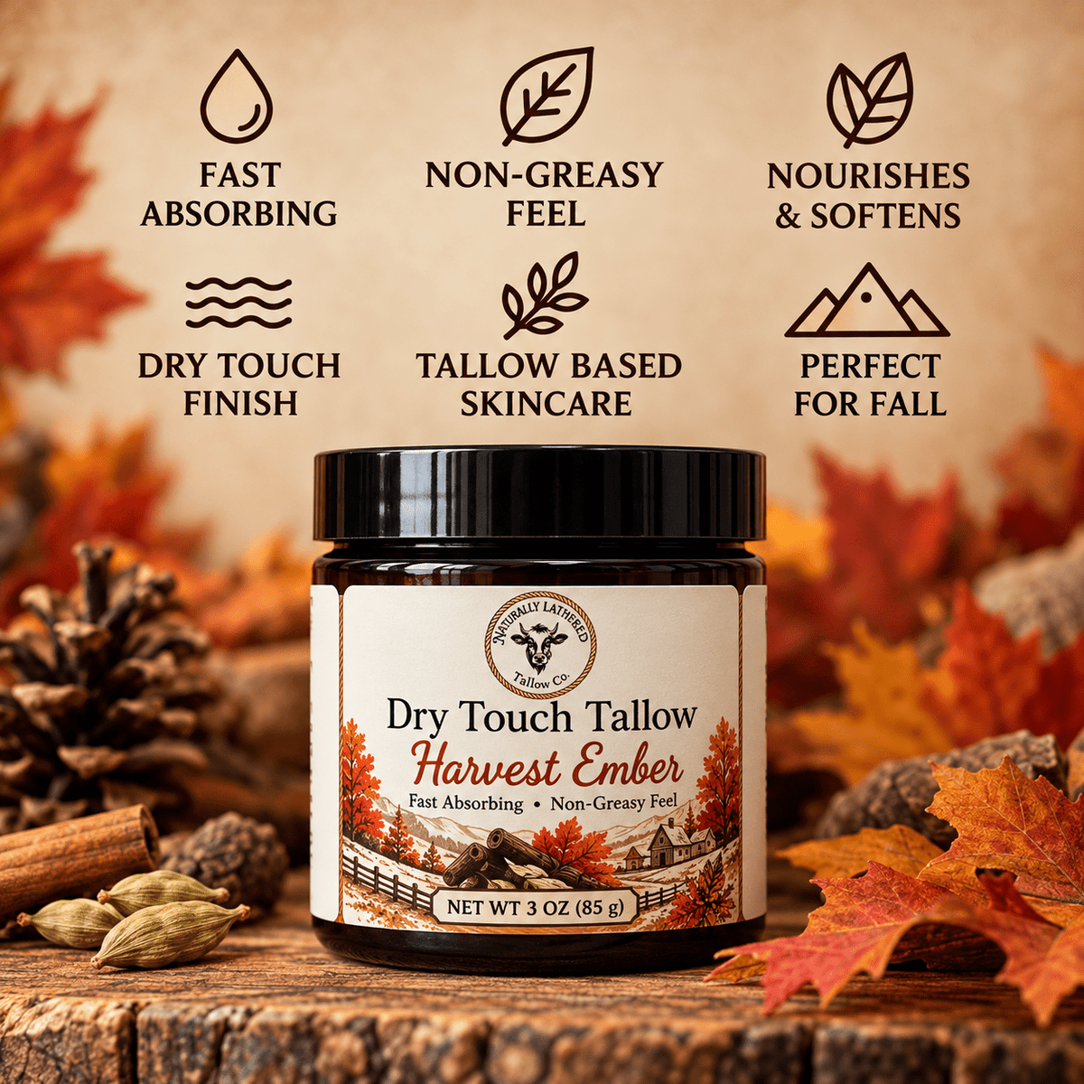 Harvest Ember Dry Touch Tallow Balm | Non-Greasy Tallow - Naturally Lathered Tallow Co.