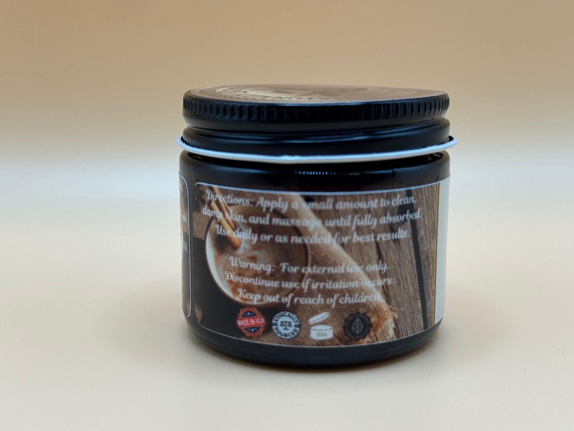 Jar with a label on a beige background