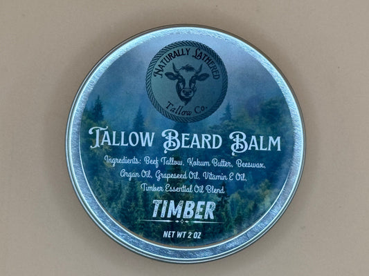 Tallow beard balm container with label on a beige background