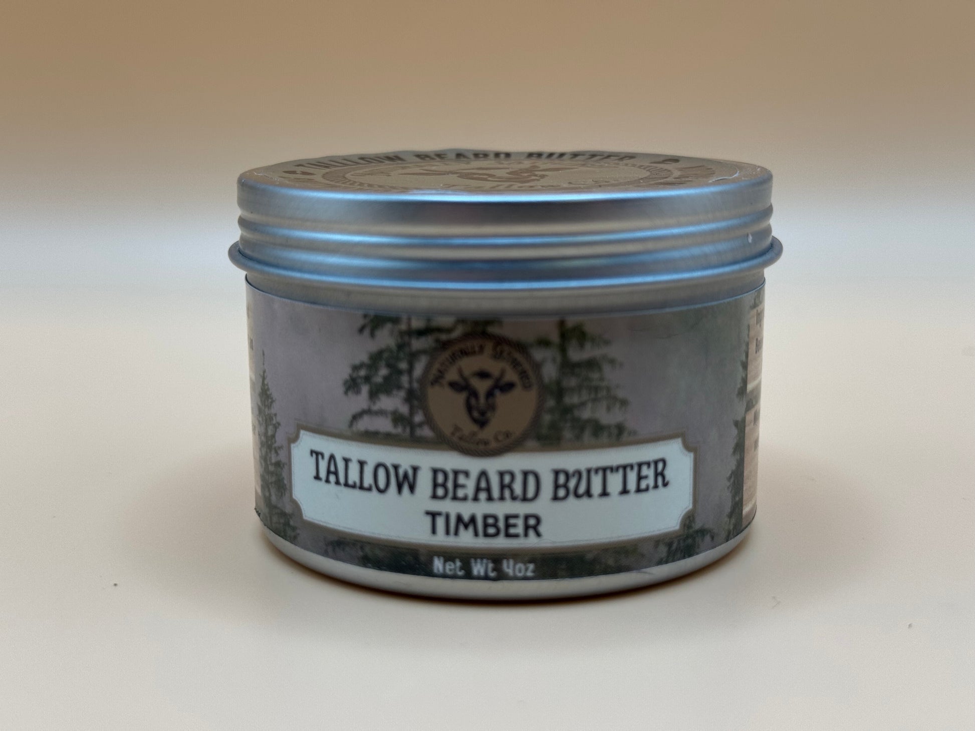 Tallow Beard Butter Timber container with label on a beige background