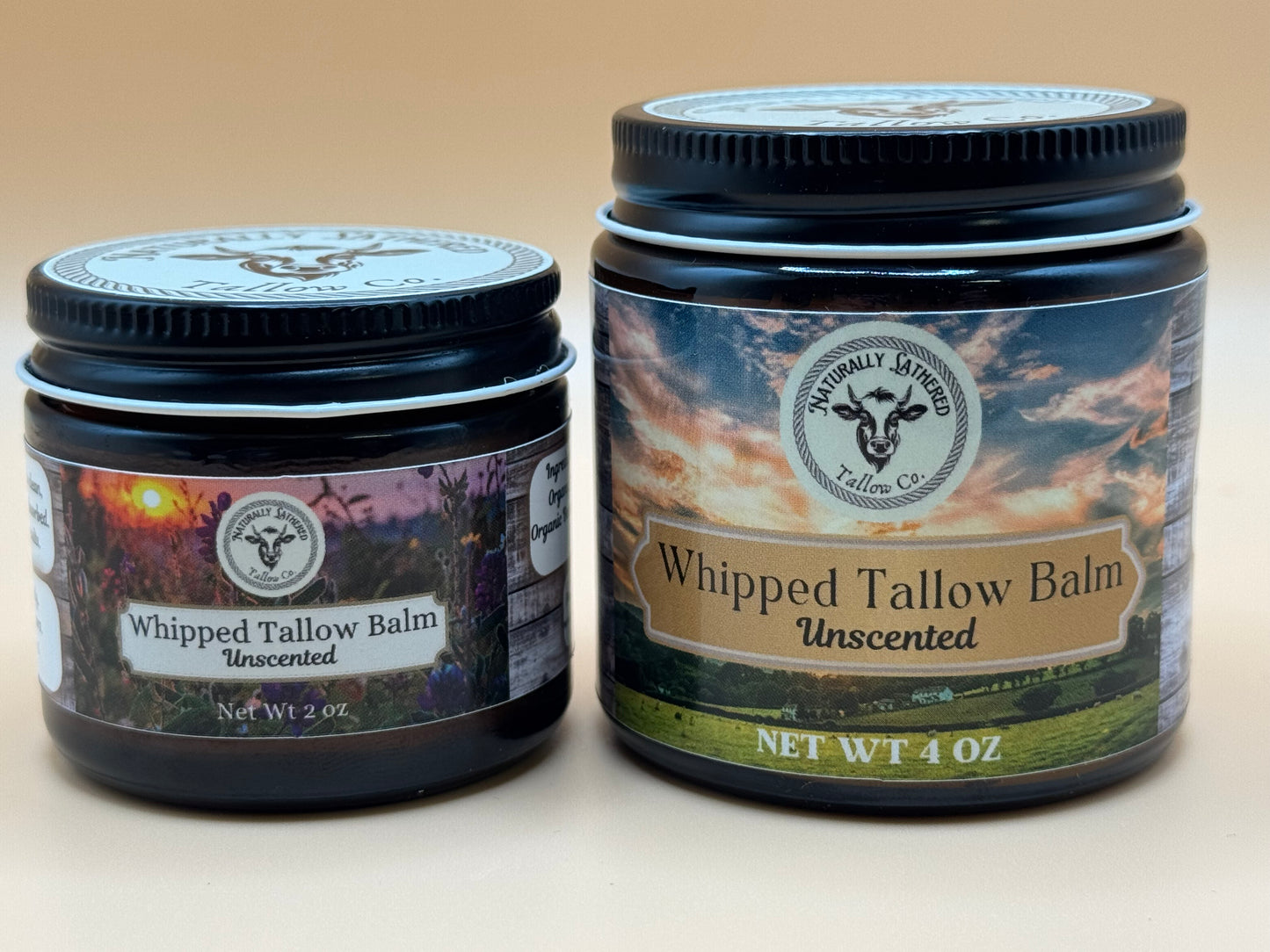 Two jars of Whipped Tallow Balm with labels on a beige background