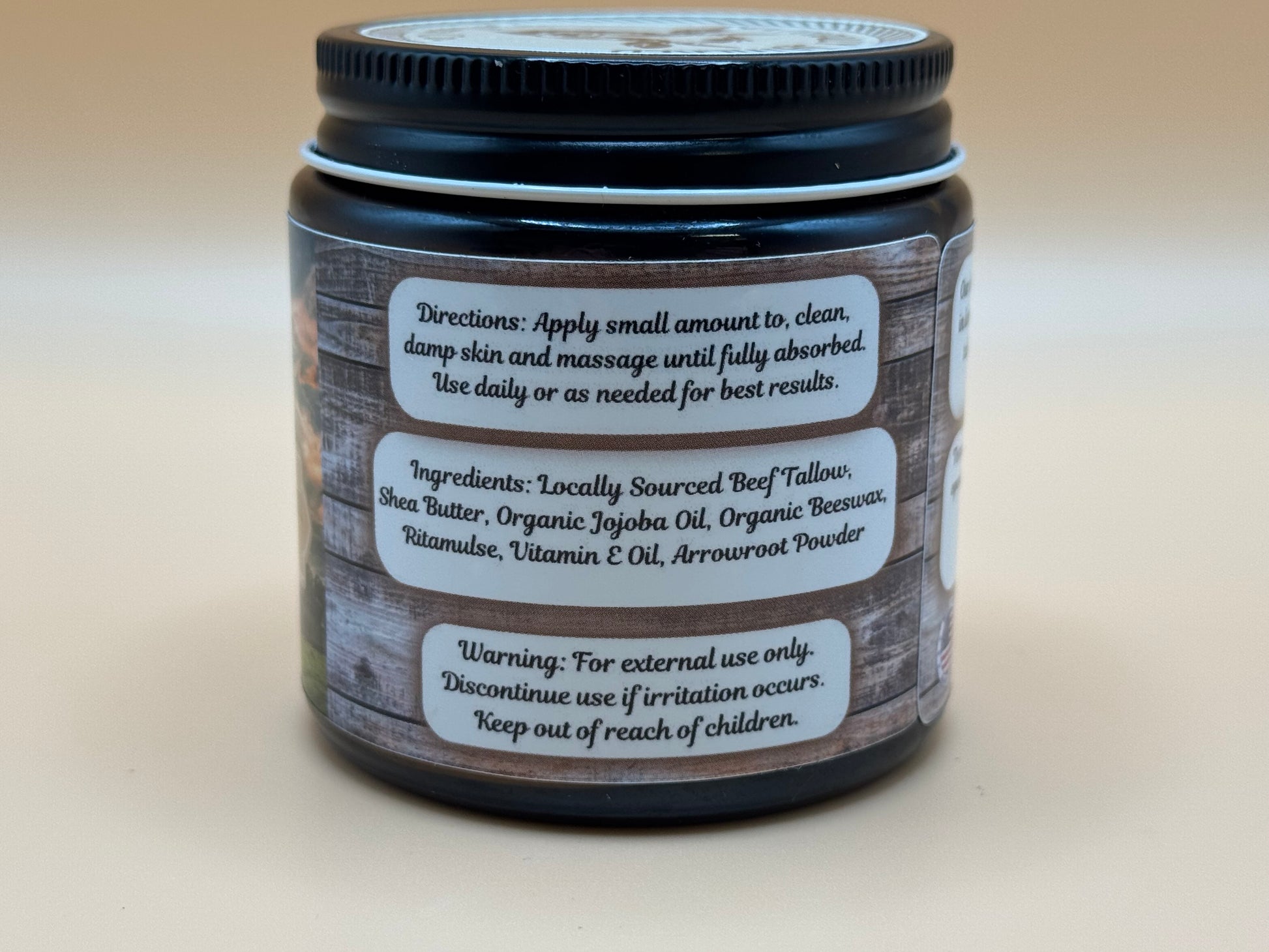 Jar with a label on a beige background