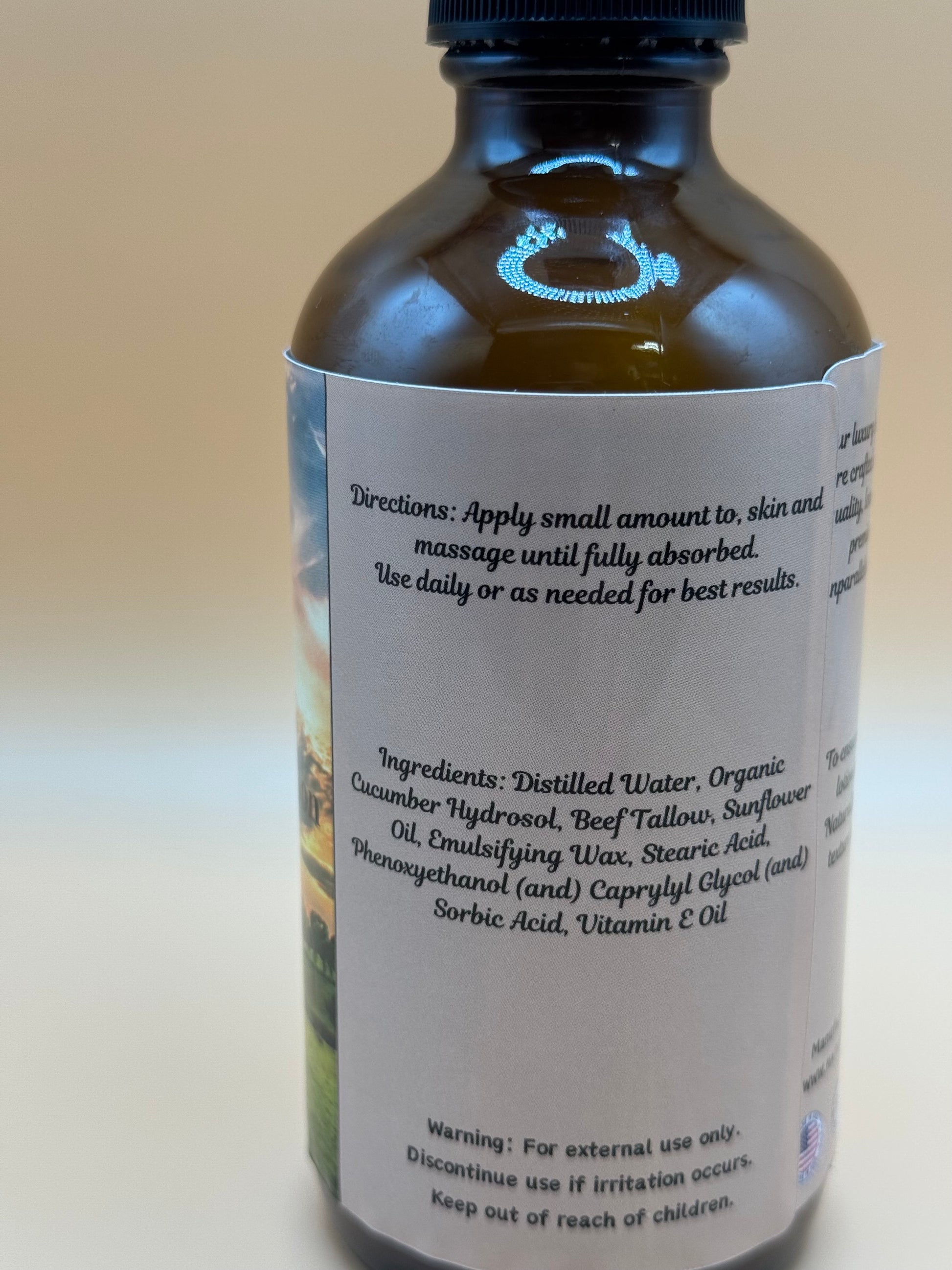 Bottle with a label on a beige background