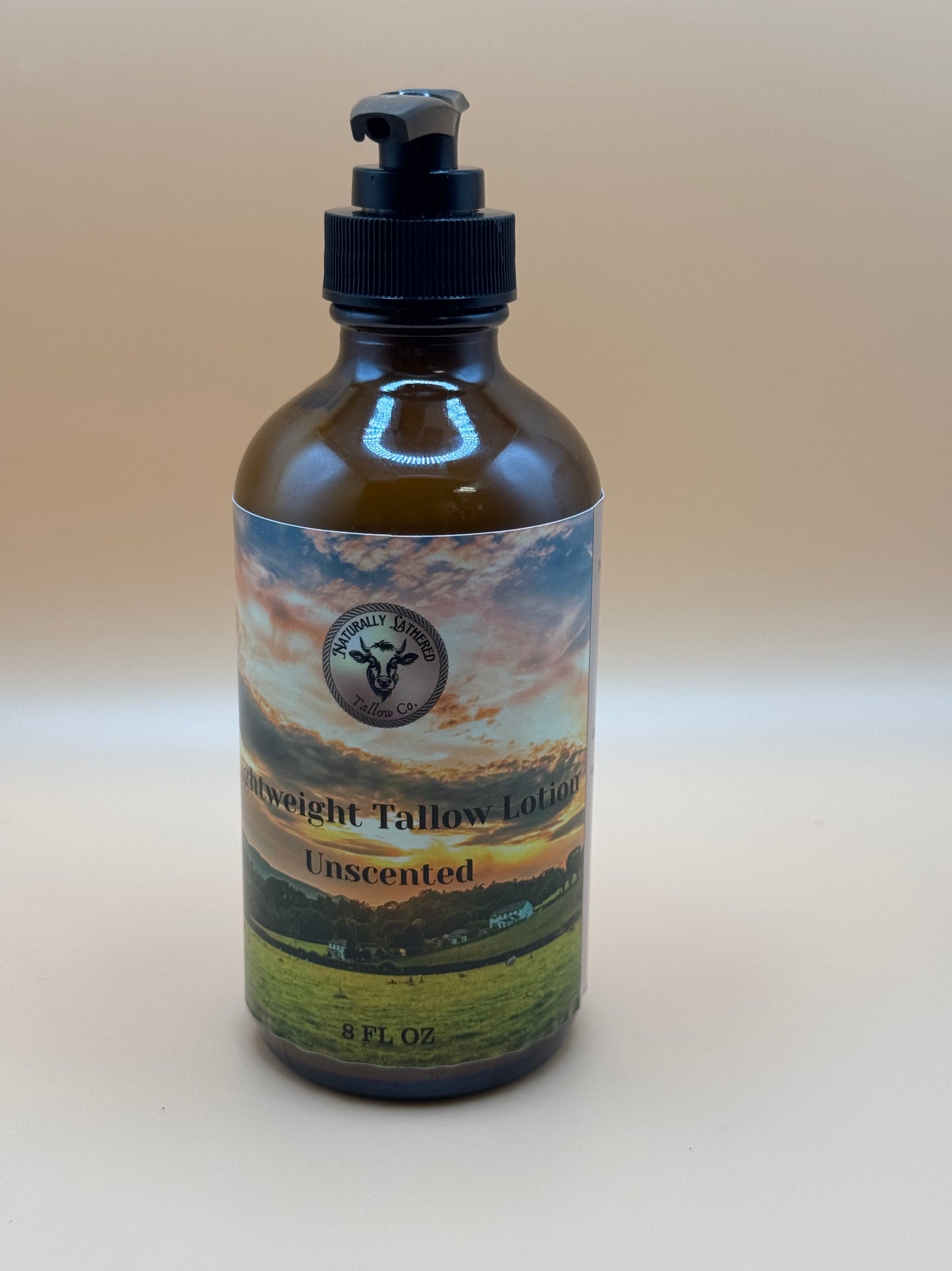 Bottle with a label on a beige background